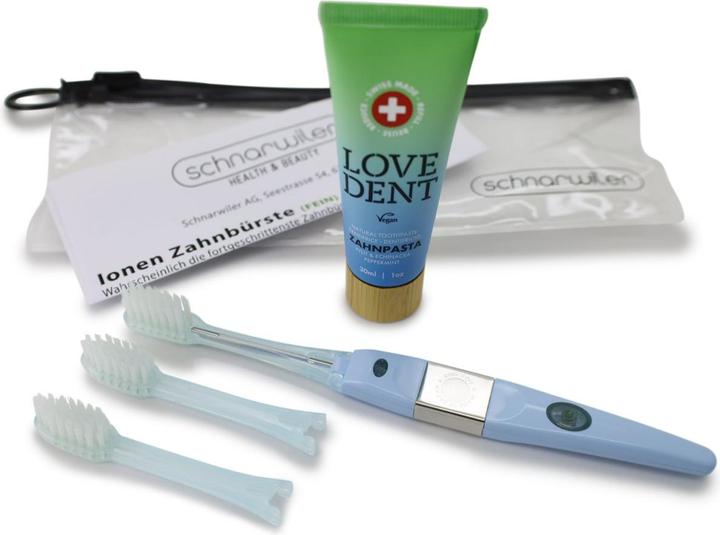 Immagine prodotto Schnarwiler Zahnbürste mit Ionen Technologie FEIN inkl. 30ml Zahnpasta und 2 Ersatzbürsten - assortierte Farben (30 ml)