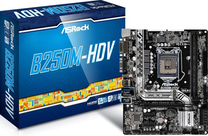 Produktbild AsRock B250M-HDV - Motherboard - micro ATX - LGA1151 Socket - B250 - USB 3.0 - Gigabit (LGA 1151, Intel B250, mATX)