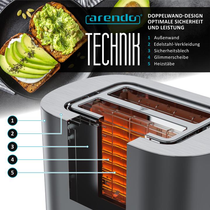 Image du produit Arendo Toaster Edelstahl 2 Scheiben Kurzschlitz, Restzeit & Bräunungsgradanzeige, Touch Display, 800 W (Prise UE)