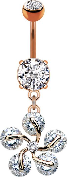 Star Piercing Banane rosegold mit zwei Kugeln Kristall silber Anhänger fünf Kristall Blütenblätter (Chirurgenstahl 316L, Messing)