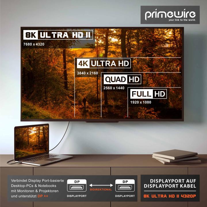 Image du produit Primewire Câble DisplayPort, DP 1.4, câble moniteur premium 8K 7680 x 4320 @ 60 Hz - 4k @ 120 Hz avec DSC (1 m, DisplayPort)