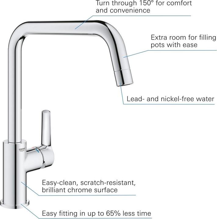 Image du produit Grohe Start QuickFix Robinet de cuisine, bec haut, forme en U, pivotant, chromé