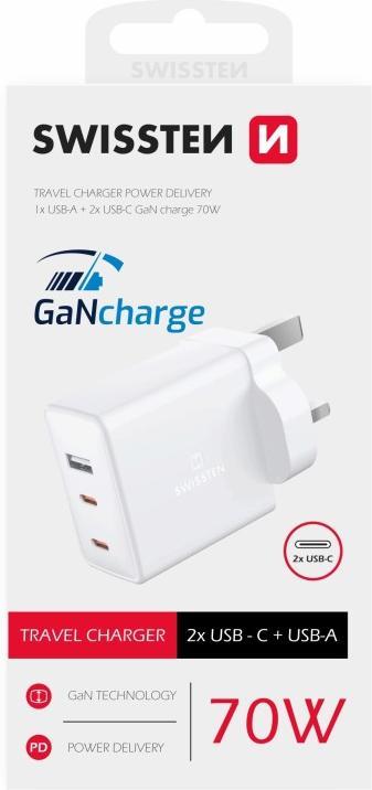 Actual product image Swissten Gan Travel Charger 2X USB-C + 1X USB 70W For Uk Socket (70 W)