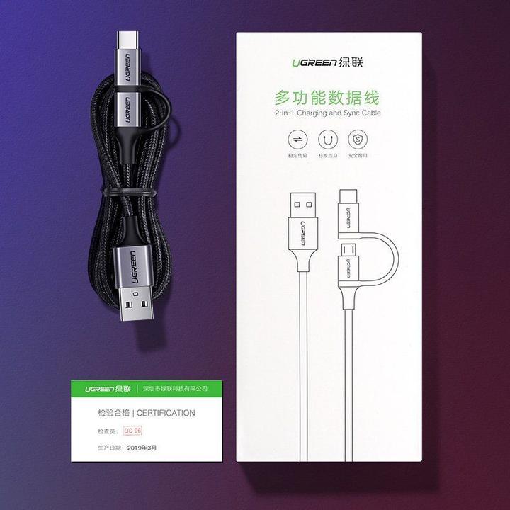 Produktbild Ugreen 2-in-1 USB-C / MicroUSB auf USB & Sync QC 3.0 (1 m, USB 2.0)