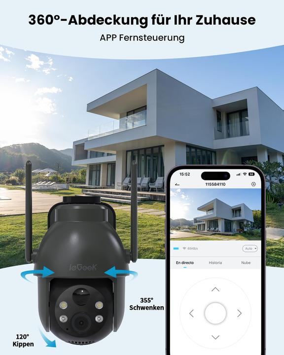Actual product image IeGeek 2K 360° PTZ Überwachungskamera mit Solarbetrieb, Bewegungsmelder, Farb-Nachtsicht, 2-Wege-Audio