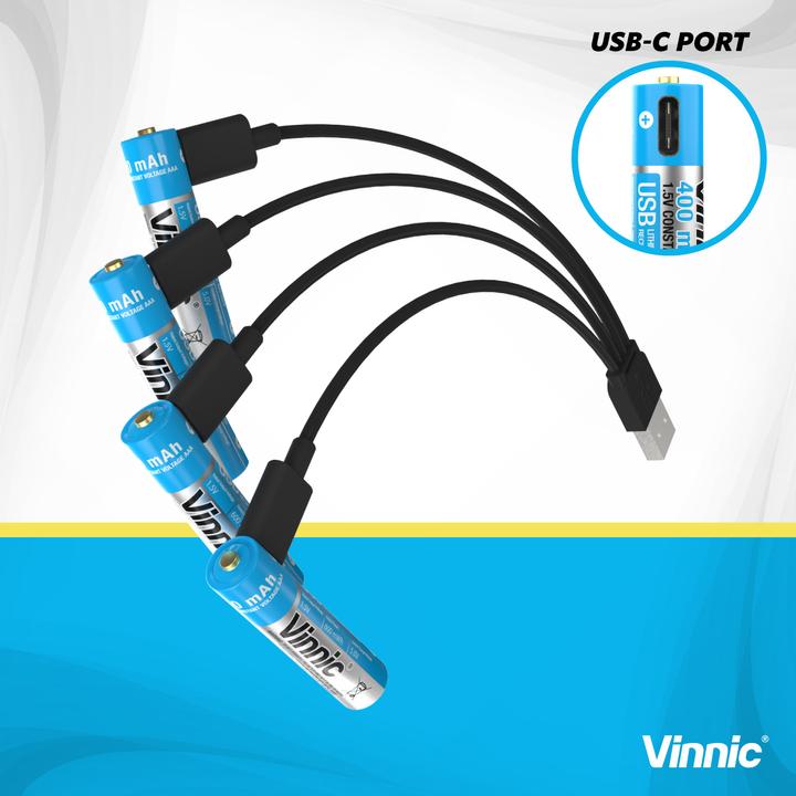 Produktbild Vinnic Rechargeable Battery AA USB-C 400mAh 4pcs incl. Case&Charging Cable (4 Stk., AAA, 400 mAh)