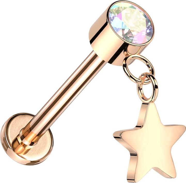 Image du produit Star Piercing Micro Threadless Labret or rose Cylindre or rose Cristal multicolore Pendentif étoile or rose (Titane G23, sans laiton)
