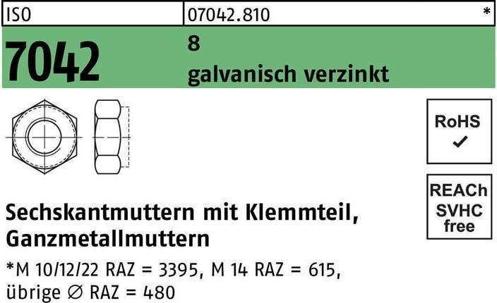 Productafbeelding Zeskantmoer ISO 7042 w.klemdeel M 8 8 gegalvaniseerd (M8)