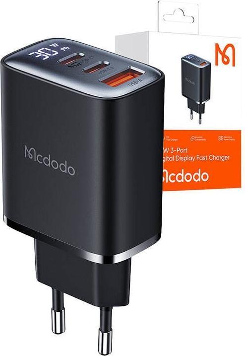 Actual product image Mcdodo CH-2180 2xUSB-C + USB-A, 30W mains charger with display (black) (30 W)