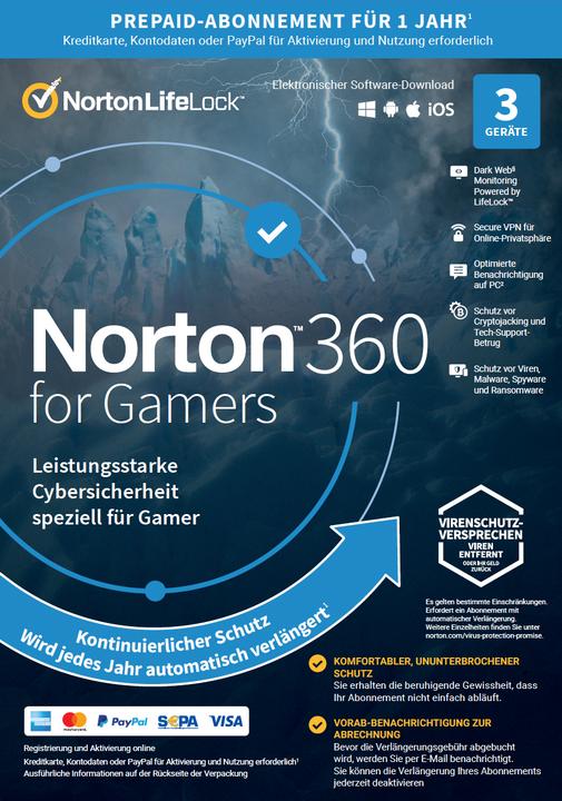 Produktbild Norton 360 for Gamers Download (1 User, 3 Geräte/User, 12 Monate)