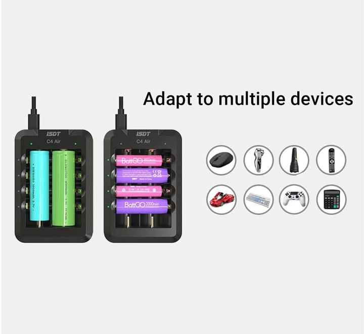 Actual product image Isdt Charger C4 Air USB-C, for NiMH & Li-ion (1 pcs., 10440, 10500, 12500, 13500, 14500, 14650, 16650, 17650, 17670, 18650, 18700, 20700, 21700, 22650, 26650, AAA, AA, Battery + charger)