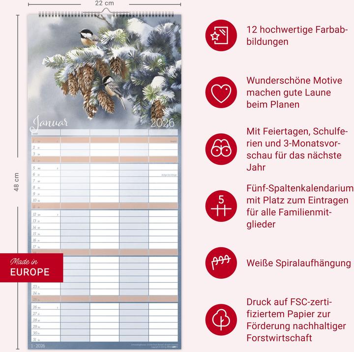 Produktbild Bunte Vogelwelt Familienplaner 2026 (22 x 48 cm, Deutsch)