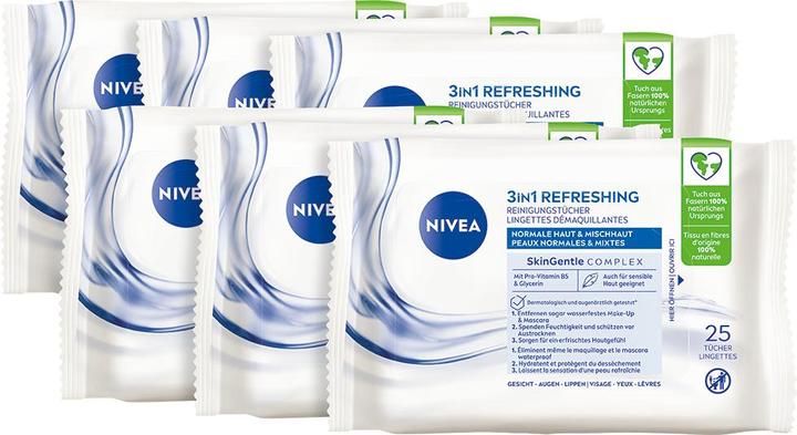 Actual product image NIVEA Cleansing Wipes 3in1 Refreshing Multipack 6 x 25 pieces (Cleaning cloths)
