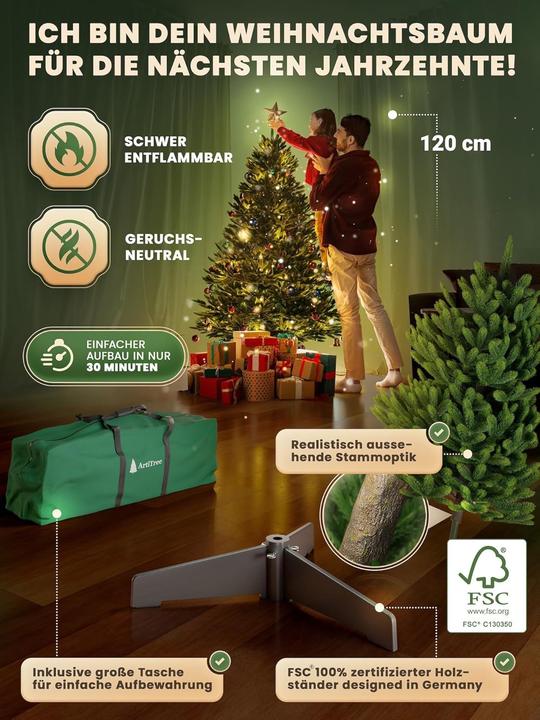 Produktbild Artitree Künstlicher Weihnachtsbaum - Nordmanntanne inkl. Aufbewahrungstasche (120 cm)