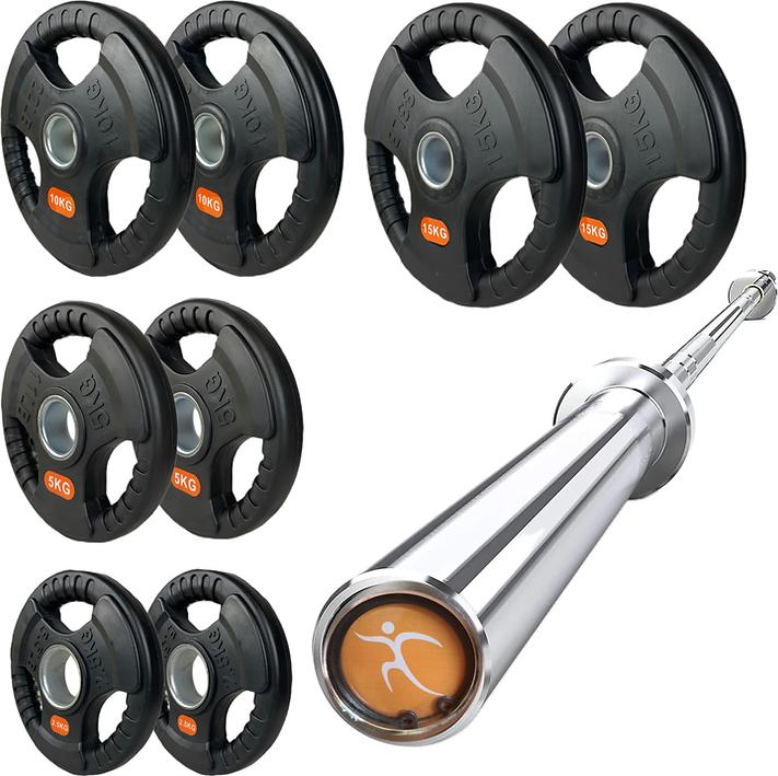 Produktbild FlexAthletix Hantelscheiben Set & Langhantel (2 x 15 kg, 2 x 10 kg, 2 x 5 kg, 2 x 2.5 kg)
