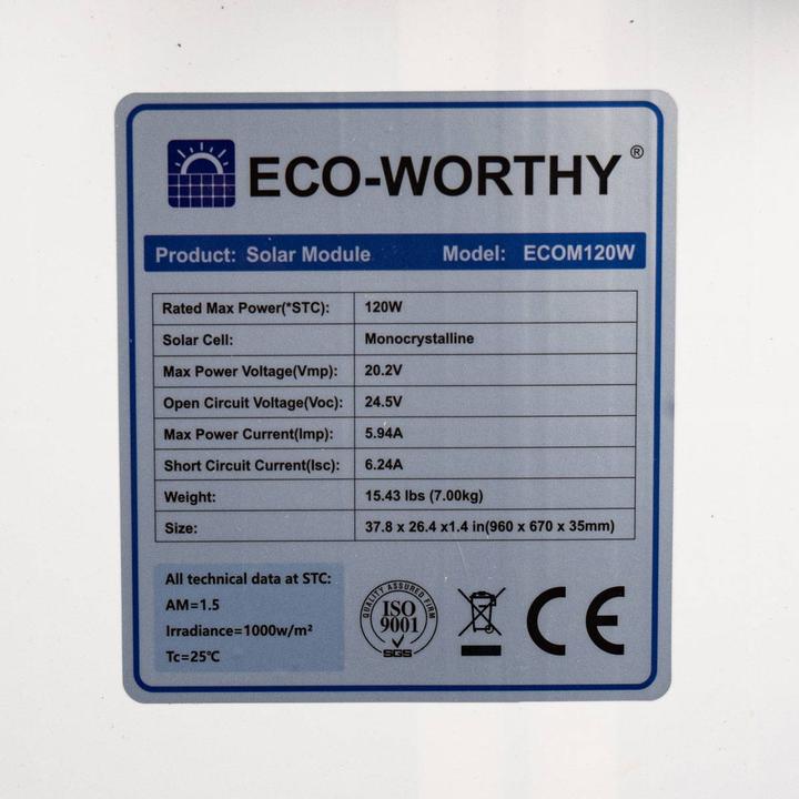 Produktbild Eco-Worthy Eco Worthy 120Wp 12V Solarmodul Monokristallin fester Rahmen (120 W, 7 kg)