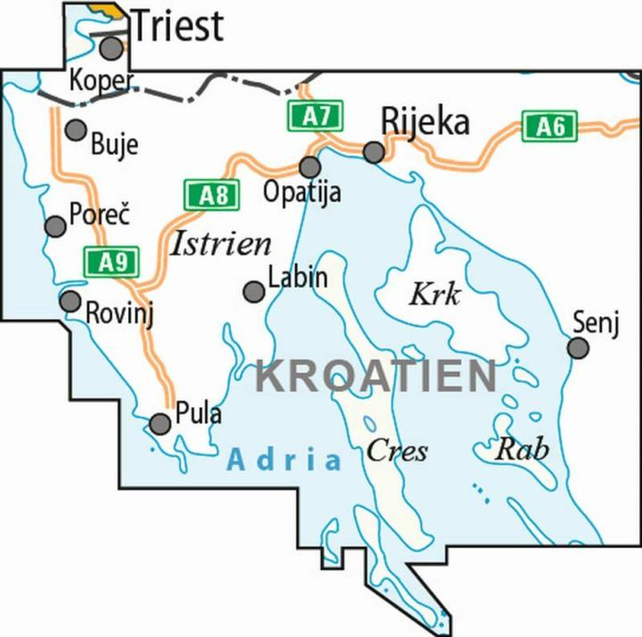 Produktbild ADFC-Radtourenkarte KRO-IS Istrien Kvarner Bucht, mit Tagestourenvorschlägen, 1:100.000, reiss- und