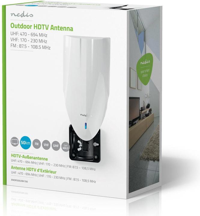 Image du produit Nedis Antenne HDTV active Type de connexion : Connecteur F FM/UHF/VHF Portée de réception : 0-50 km LTE700 (40 dB, DVB-T / -T2, LTE)