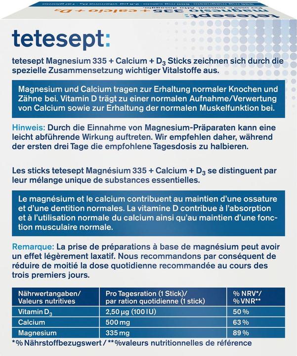 Valeurs nutritives et ingrédients Tetesept Magnésium 335 Calcium + D3 (20 pièce(s), Poudre, Sachet, Beutel, 175 g)