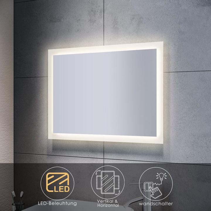 SONNI LED beleuchteter Spiegelschrank, 80 x 60 cm, Edelstahl, warmweisses Licht 4000k