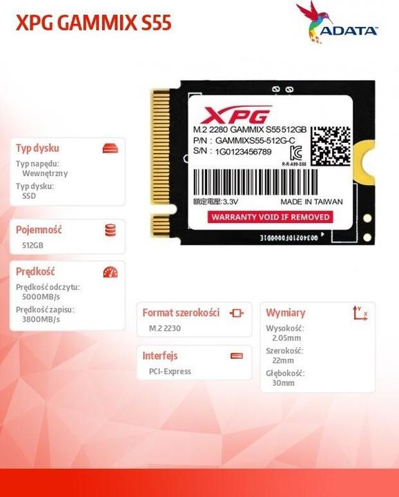 Actual product image Adata Dysk SSD XPG GAMMIX S55 PCIe /3./s M2230 (512 GB, M.2 2230)