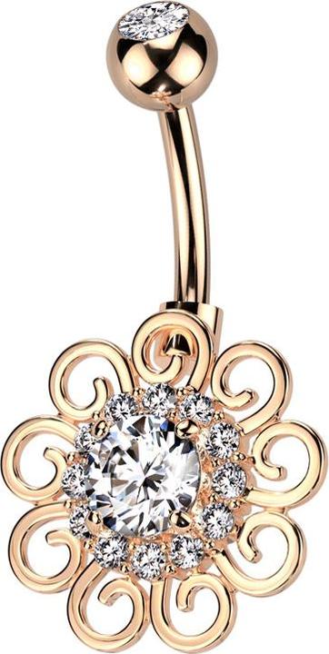 Star Piercing Banane rosegold mit Kugel rosegold Kristall silber und Blume Kristallen silber (Messing, Chirurgenstahl 316L)