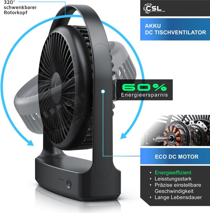 Produktbild CSL Akku Tischventilator, sehr leise, USB Mini Desk Fan, Schreibtischventilator, mobiler Lüfter DC Motor (46.40 dB)