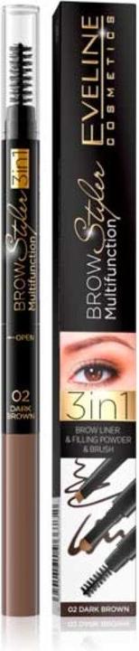Actual product image Eveline Brow Multifunction 3In1 Brow Liner Filling Powder&Brush 02 Dark Brown (Dark brown)