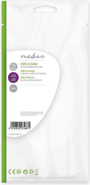Produktbild Nedis Flachkabel USB 2.0 A Stecker - Micro B Stecker 1.0 m (1 m, USB 2.0)