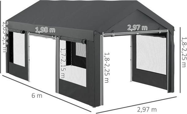 Produktbild Swisshandel24 Partyzelt, ca. 6 x 3m, höhenverstellbar, Autoüberdachung mit 4 Netzfenstern, 4 Türen, Stahl, Dunkelg (600 cm, 297 cm)