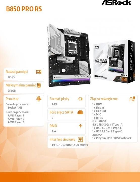 Produktbild AsRock B850 Pro RS (AM5, AMD B850, ATX)