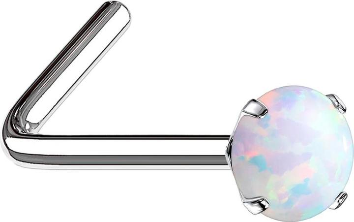 Star Piercing Nasenstecker gewinkelt silber Opal weiss gefasst (Chirurgenstahl 316L)