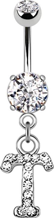 Star Piercing Banane silber mit Anhänger Kristall Buchstabe T (Messing, Chirurgenstahl 316L)