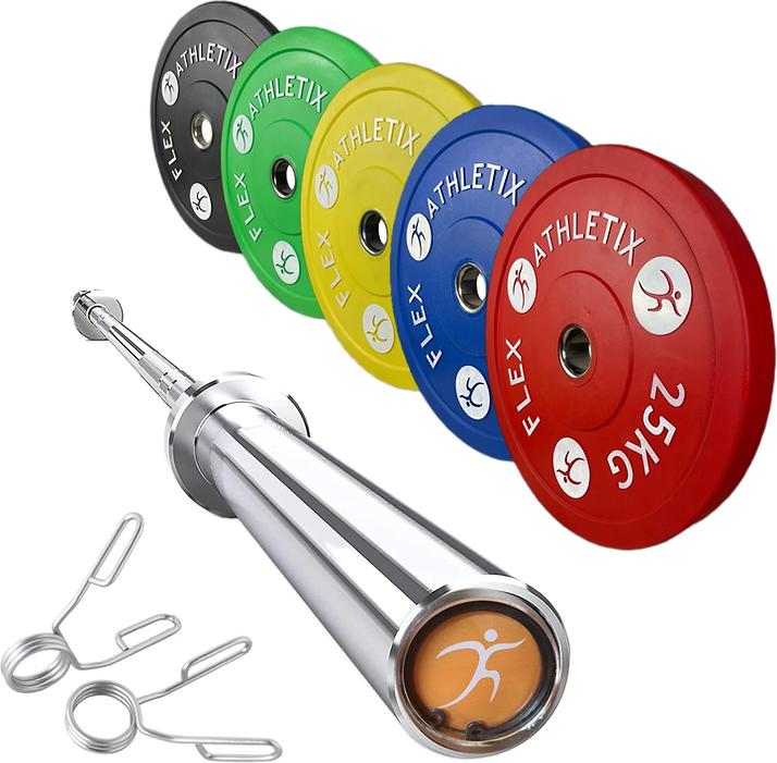 Actual product image FlexAthletix Bumper Plates Set & Barbell (2 x 5 kg, 2 x 10 kg, 2 x 15 kg, 2 x 20 kg, 2 x 25 kg)
