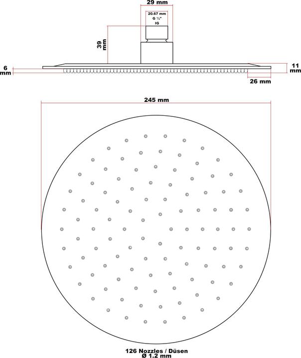 Actual product image Wiltec Rain Overhead Shower Head Round Stainless Steel Ultra Thin 25cm