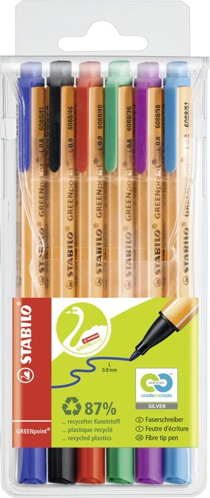 STABILO GREENpoint umweltfreundlicher Filzschreiber (Lila, Türkis, Blau, Rot, Grün, Schwarz, 6 x)