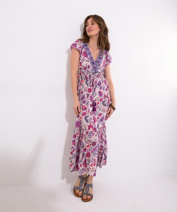 Actual product image Joe Browns Border Print Floral Shirred Waist V-Neck Tassel Dress