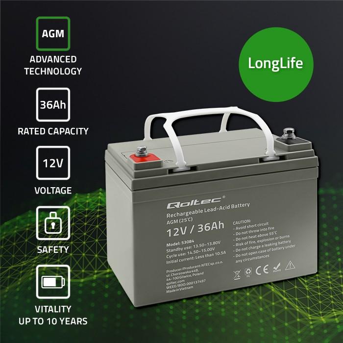 Produktbild Qoltec Akumulator AGM | 12V | 36Ah | max.540A (12 V, 36 Ah)