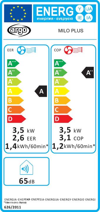 Energie-Label Argo Milo Plus (45 m², 13000 BTU/h)