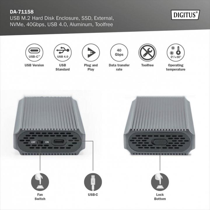 Immagine prodotto Digitus Alloggiamento per disco rigido USB M.2, SDD, esterno, NVMe, 40Gbps, USB 4.0, alluminio, senza attrez (M.2 2280, M.2 2230, M.2 2260, M.2 2242)