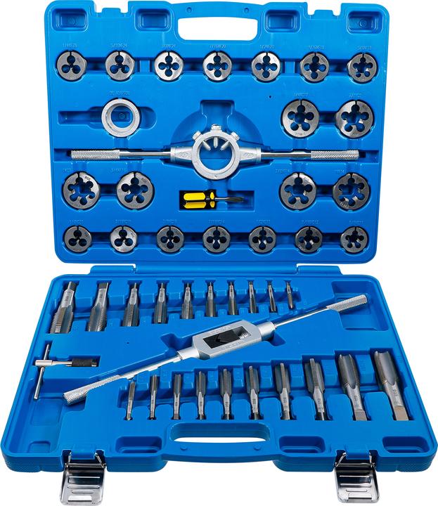 im Kunststoffkoffer, 1 Schraubendreher, 1 Schneideisenhalter, 1 Gewindebohrerhalter, 1 Adapter für Schneideisenhalter, Abtrieb Schlitz 6 mm, 1 Verstellbares Windeisen, 20 Gewindebohrer für Aussengewinde (1x je Grösse), 1 Gewindebohrer für Innengewinde
