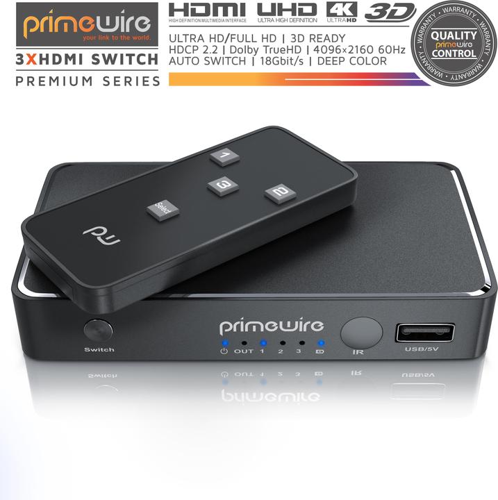 Produktbild Primewire HDMI Switch 4k 60Hz Ultra HD, 2 Port, Verteiler mit Fernbedienung, 4K, 3D, CEC, ARC