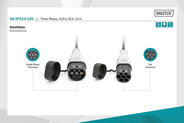 Image du produit Digitus Three phase 32A - Type 2 to Type 2 charging cable (Type 2, 22 kW, 32 A, 10 m)