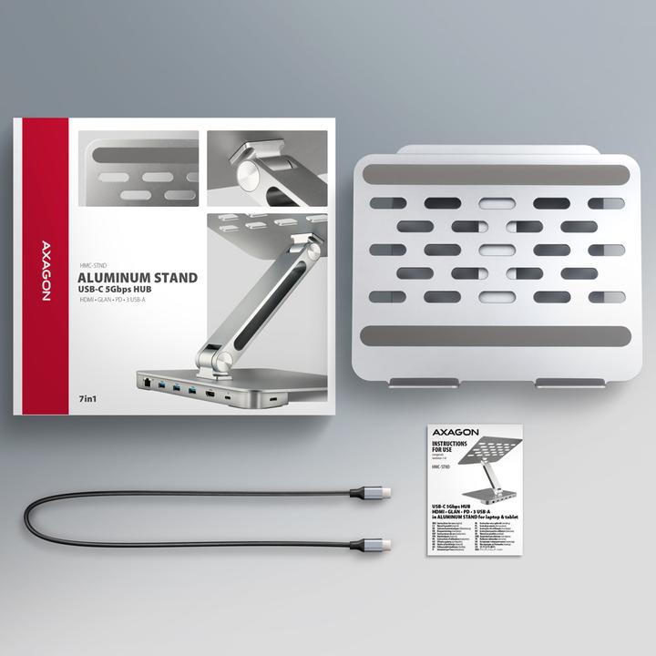 Produktbild Axagon HMC-STND Ständer für Laptops und Tablets, USB-C-Hub - silber (USB-C, 7 Ports)