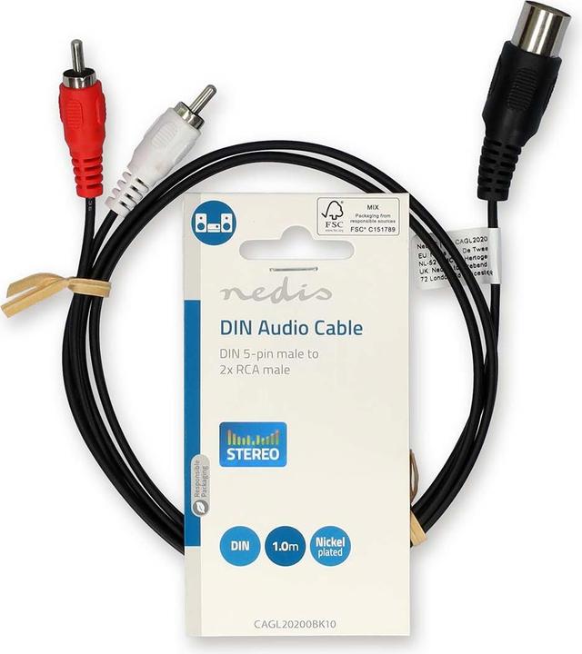 Actual product image Nedis DIN audio cable | DIN 5-pin plug | 2x RCA plug | Nickel-plated | 1.00 m | Round | PVC | Black (1 m)