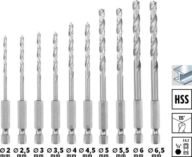 Einhell 108723 Metal twist drill set 10 pieces 2 mm, 2.5 mm, 3 mm, 3.5 mm, 4 m (6 mm, 6.5 mm, 5.5 mm, 3 mm, 5 mm, 2.5 mm, 3.5 mm, 4.5 mm, 2 mm, 4 mm)