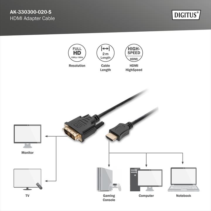 Produktbild Digitus DVI — HDMI (Typ A) (2 m, HDMI, DVI)