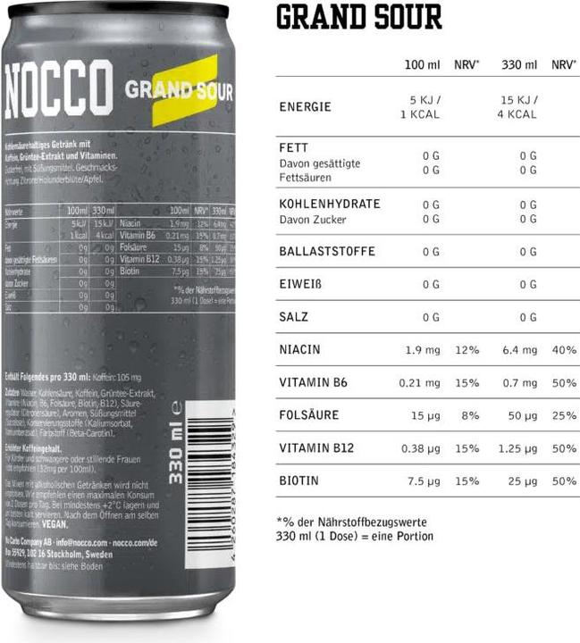 Valeurs nutritives et ingrédients Nocco BCAA Grand Sour (Citron, Pomme, 1 x)
