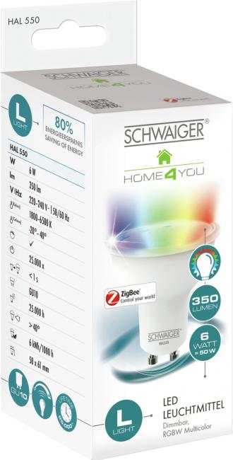 Image du produit Schwaiger A+, RGBW, 350 lm, 6 kWh, 1800 - 6500 K, ZigBee v3.0, GU10 (GU10, 6 W, 350 lm, 1 x, G)