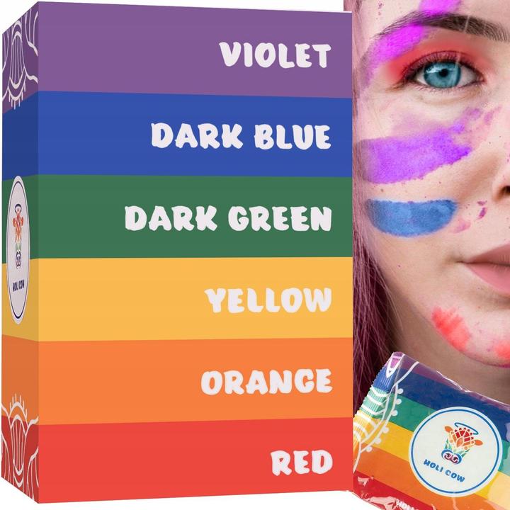 Produktbild JTI Buntes Holi-Pulver – Set 6x100g (Dunkelgrün, Gelb, Lila, Orange, Dunkelblau, Weiss, 1 x)